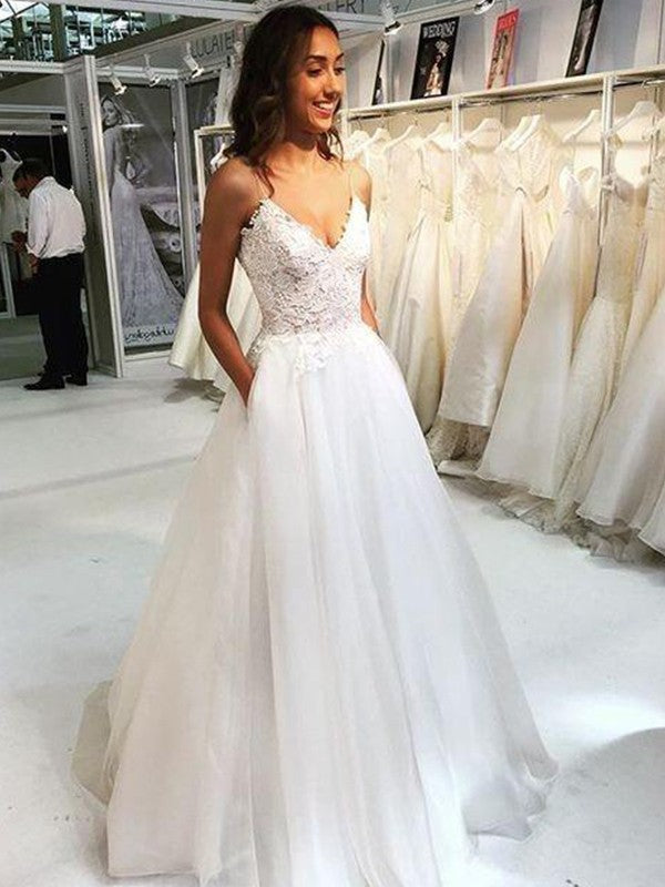 Vestidos de novia de corte A/princesa, de tul, encaje, escote en V, sin mangas y hasta el suelo