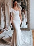 White Crepe One Shoulder Mermaid Floor-Length Evening Dress