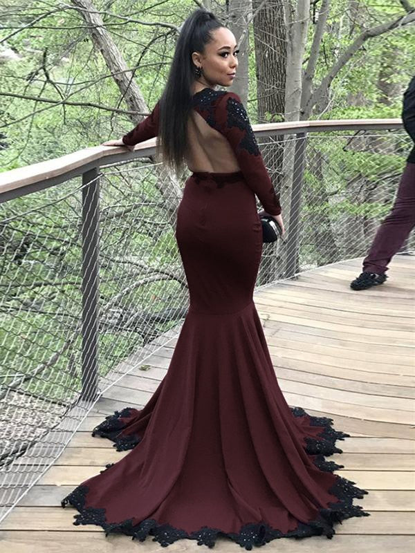 Trumpet/Mermaid  Crepe Applique V-neck Long Sleeves Sweep/Brush Train Dresses