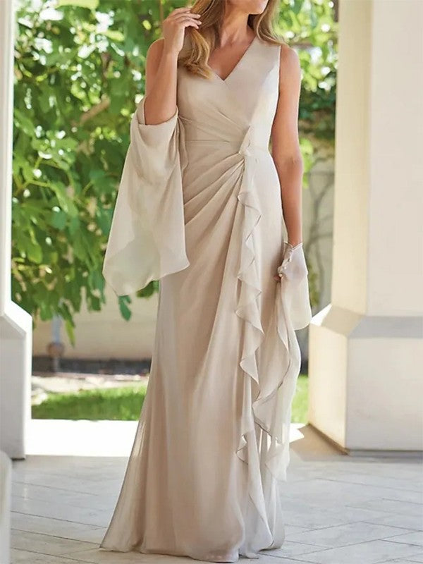 Champagne Chiffon A-Line Floor-Length Formal Dress with V-Neck & Ruffles