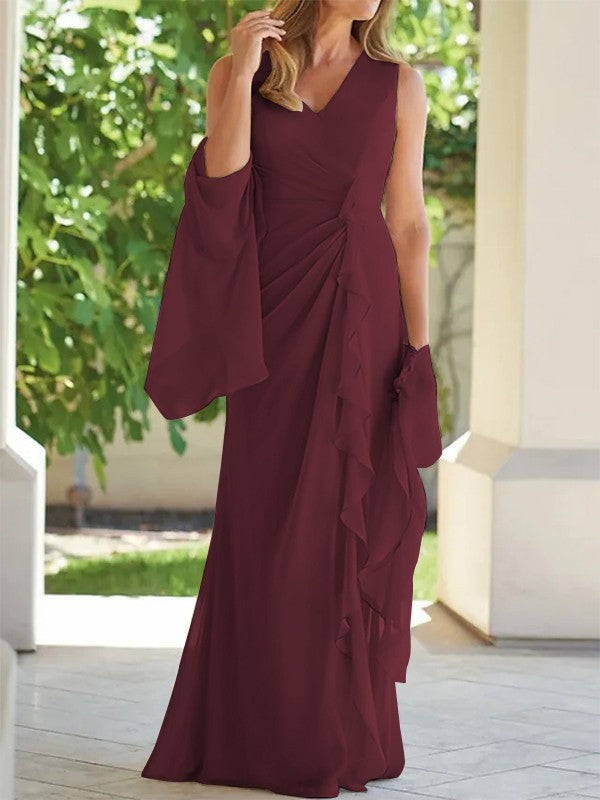 Champagne Chiffon A-Line Floor-Length Formal Dress with V-Neck & Ruffles