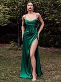 Emerald Satin Sheath/column Floor-Length Dress with Sweetheart Neckline & High Slit