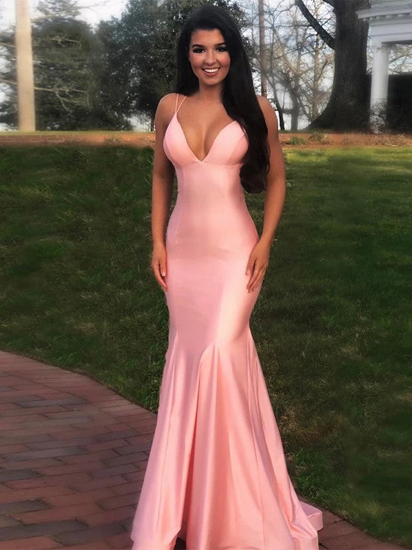 Sheath/Column Silk like Satin Ruffles V-neck Sleeveless Sweep/Brush Train Dresses