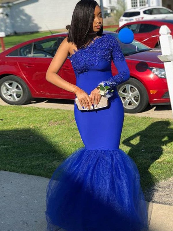 Vestidos de corte trompeta/sirena con apliques de crepé, un hombro, mangas largas y cola larga