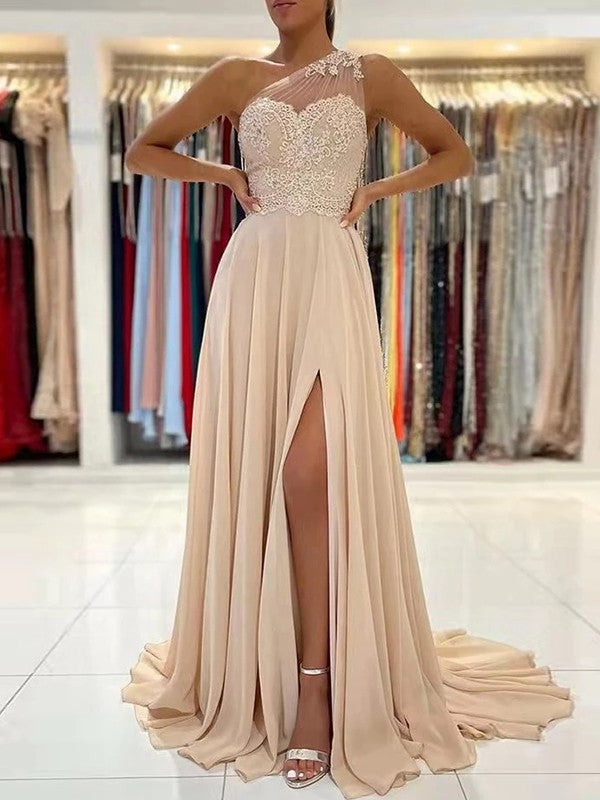 Champagne Chiffon A-Line Floor-Length Dress with One Shoulder, Lace Appliqué and High Slit