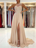 Champagne Chiffon A-Line Floor-Length Dress with One Shoulder, Lace Appliqué and High Slit