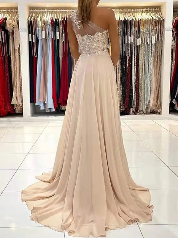 Champagne Chiffon A-Line Floor-Length Dress with One Shoulder, Lace Appliqué and High Slit