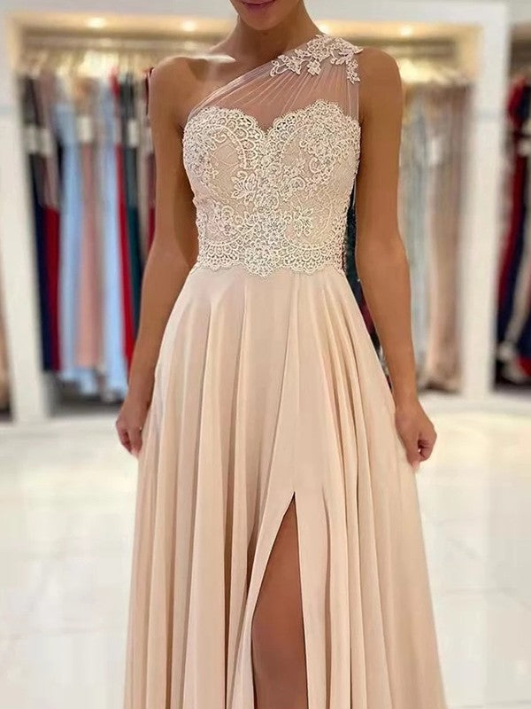 Champagne Chiffon A-Line Floor-Length Dress with One Shoulder, Lace Appliqué and High Slit