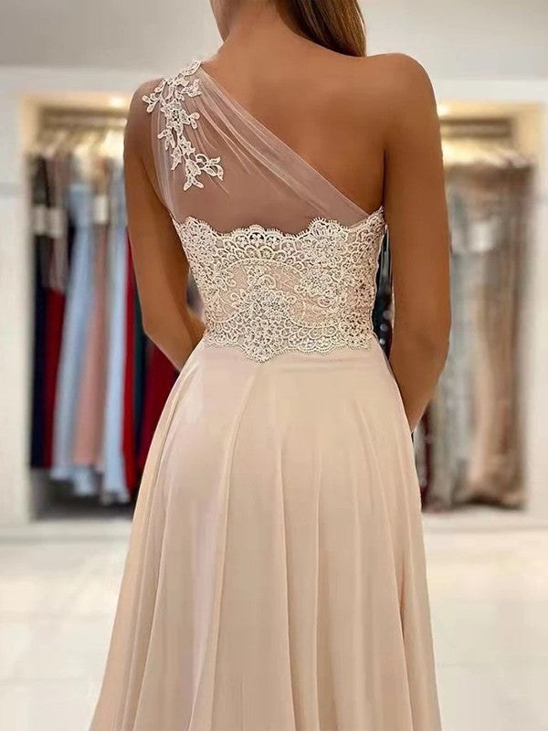 Champagne Chiffon A-Line Floor-Length Dress with One Shoulder, Lace Appliqué and High Slit