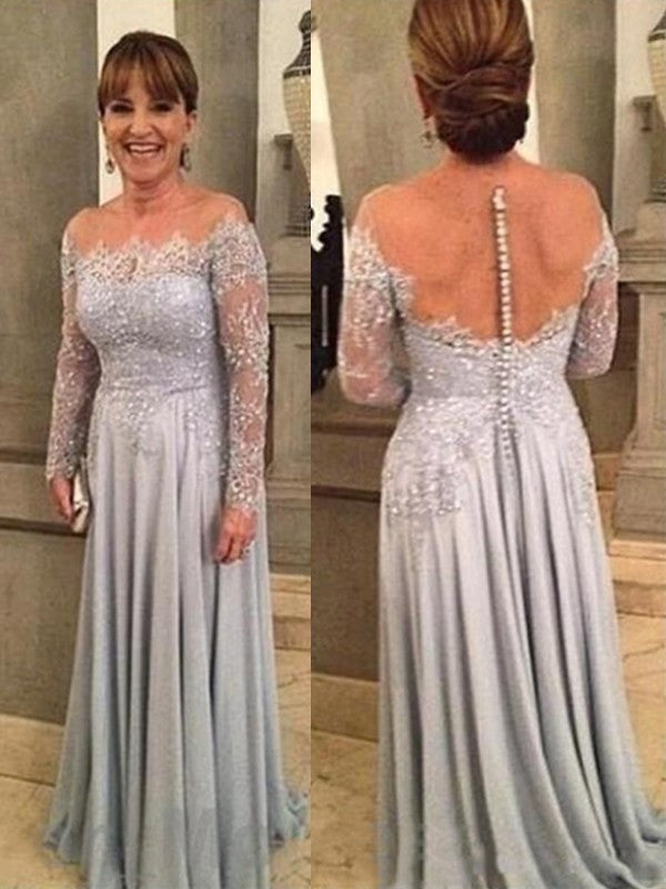 Abiti da sposa per la madre della sposa in chiffon, a trapezio, con maniche lunghe, in pizzo e strascico spazzolato
