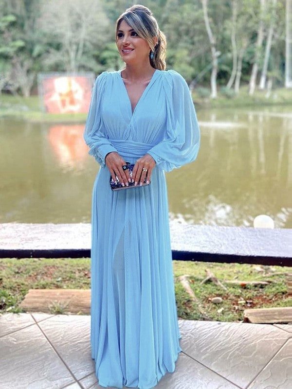 Sky Blue Chiffon A-Line V-Neck Floor-Length Bridesmaid Dress with Voluminous Sleeves
