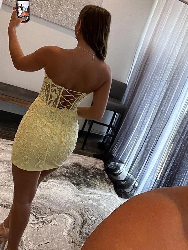 Vestidos cortos/mini sin mangas con escote en forma de corazón y encaje con corte tubo/columna