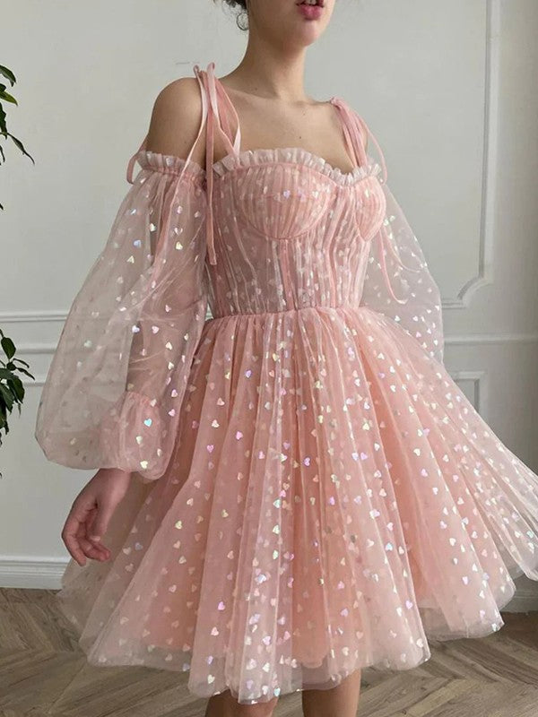 Abiti corti/mini a trapezio/principessa con volant, spalline sottili, maniche lunghe