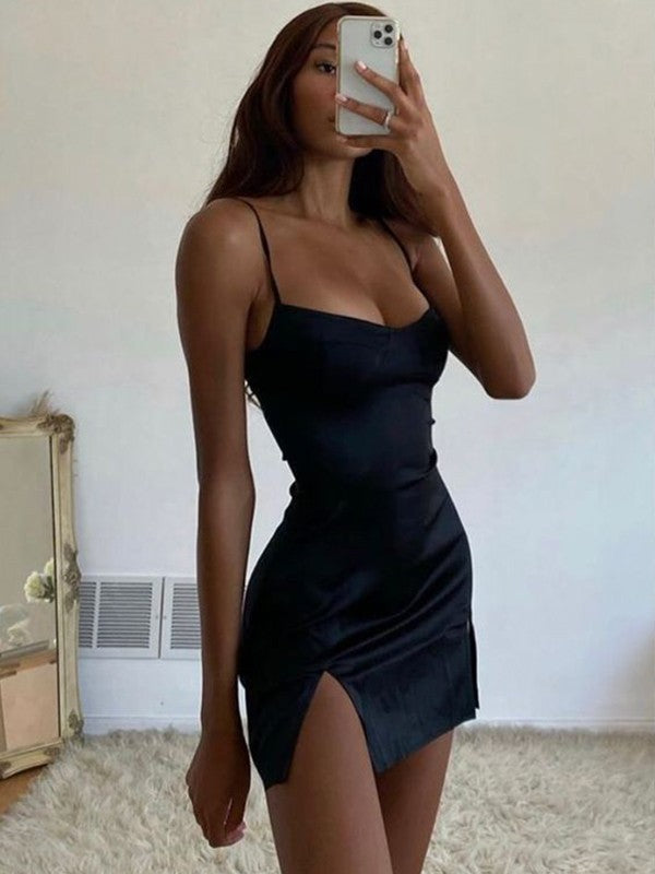 Vestido de fiesta corto sin mangas con tirantes finos, plisado, de satén tejido en tubo recto ajustado