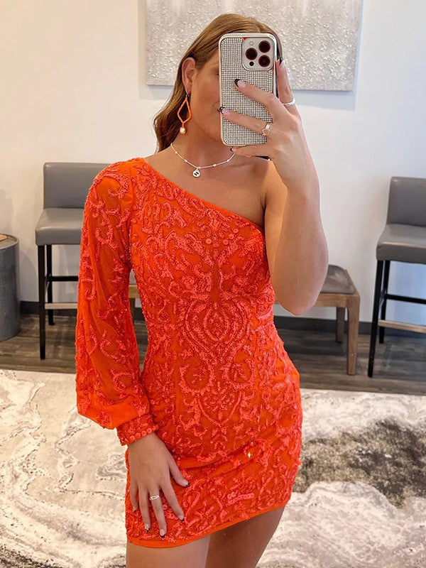 Abiti corti/mini a tubino/colonna con monospalla e maniche lunghe