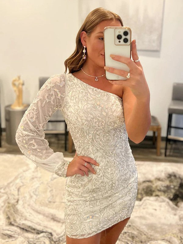 Sheath/Column One-Shoulder Long Sleeves Short/Mini Dresses