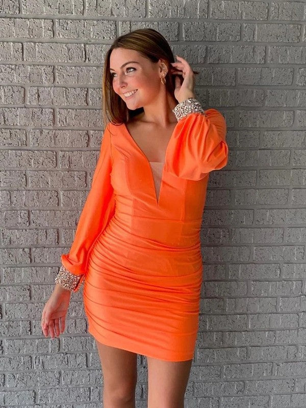 Abiti corti/mini a tubino/colonna in chiffon 30D con perline, scollo a V, maniche lunghe