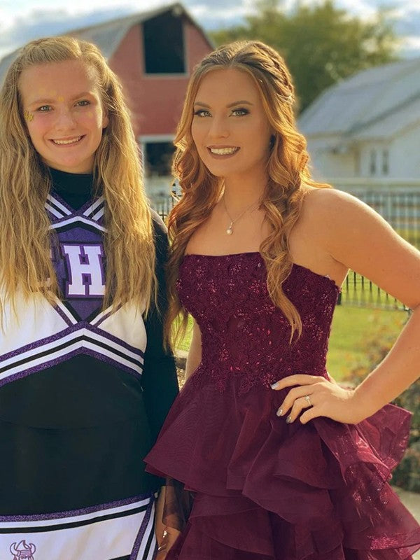 Vestidos cortos/mini de corte A/princesa con volantes de tul, sin tirantes y sin mangas