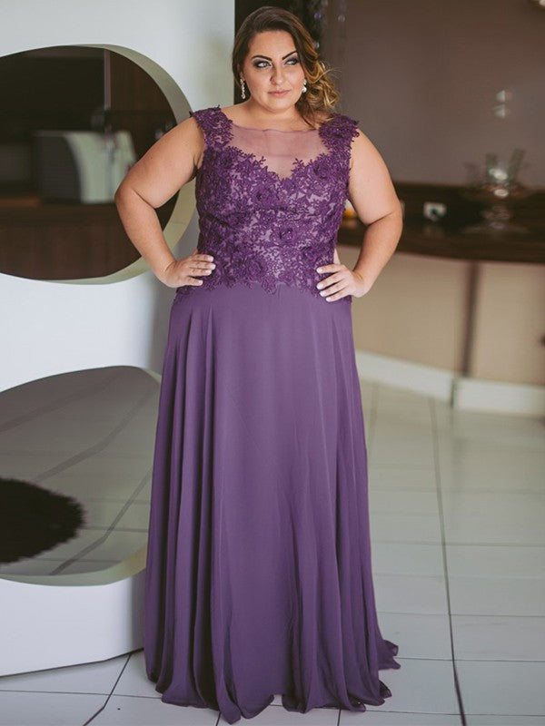 Vestidos para madre de la novia de corte A/princesa, de gasa, con apliques, escote redondo, sin mangas y largo hasta el suelo