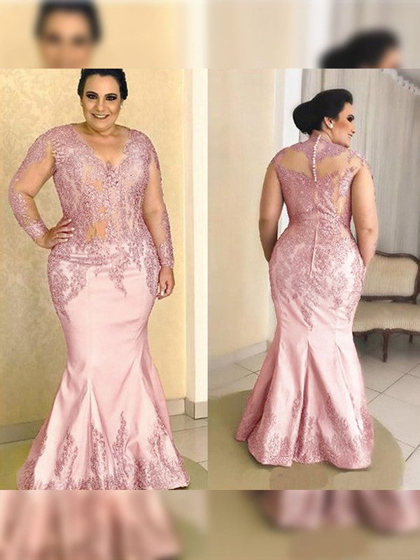 Vestidos para madre de la novia con apliques de satén, escote en V, mangas largas y largo hasta el suelo, corte trompeta/sirena