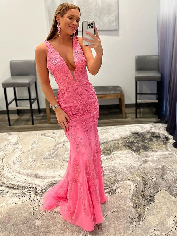 Elegant Pink Lace Mermaid Floor-Length Evening Dress | Backless V-Neck & Floral Embroidery