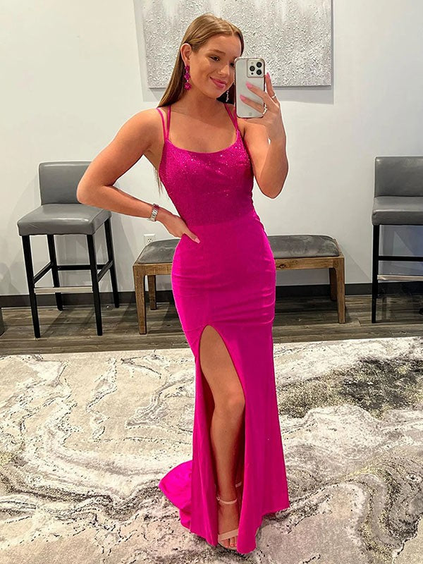 Pink Sequin Sheath/Column Floor-Length Evening Dress with Sequin Bodice & High Slit
