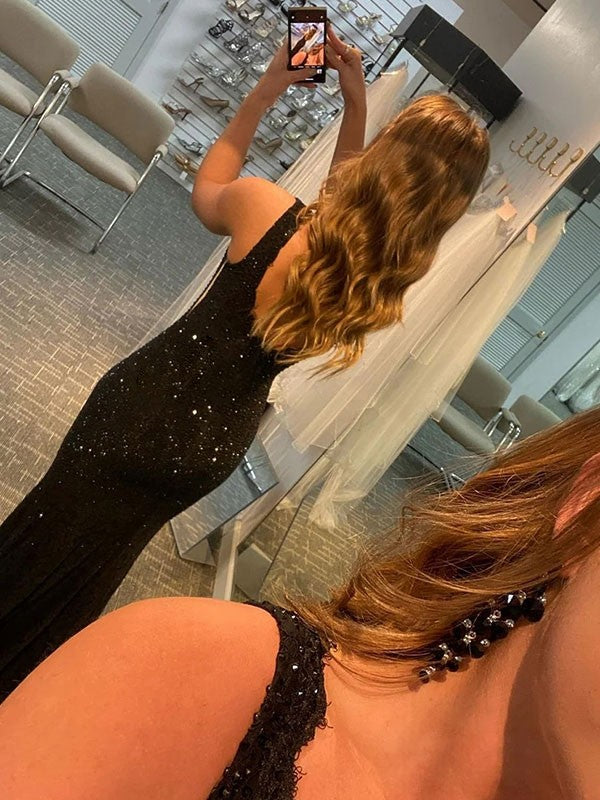 Black Sequin Mermaid Floor-Length Dress with V-Neck & Ruffled Train