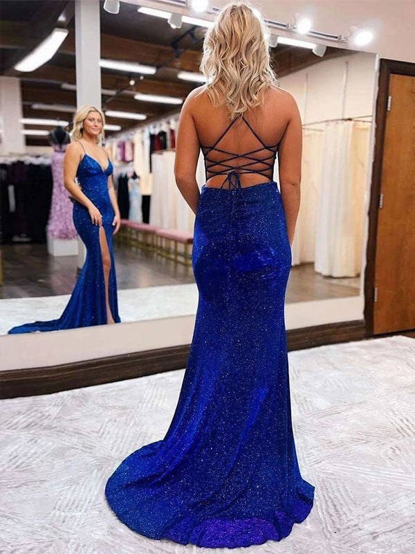 Royal Blue Glitter Fabric Floor-Length Evening Dress with V-Neck and Lace-up Back