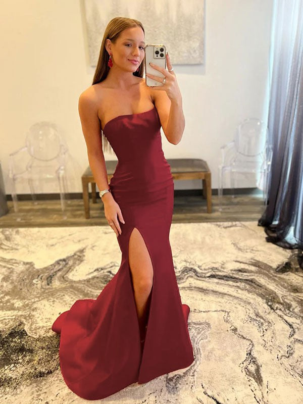 Burgundy Satin Straight Neck Mermaid Floor-Length Evening Dress