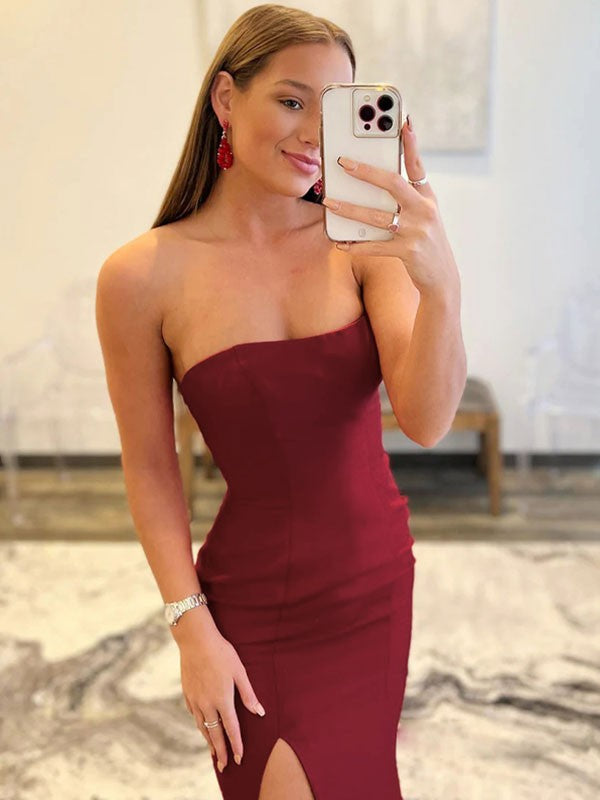 Burgundy Satin Straight Neck Mermaid Floor-Length Evening Dress