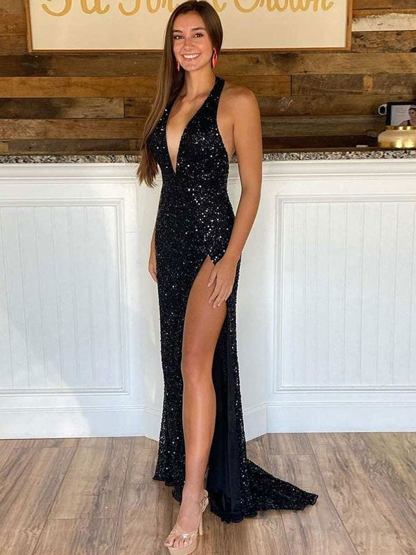 Red Sequin Halter Neckline Floor-Length Sheath/Column Dress with High Slit