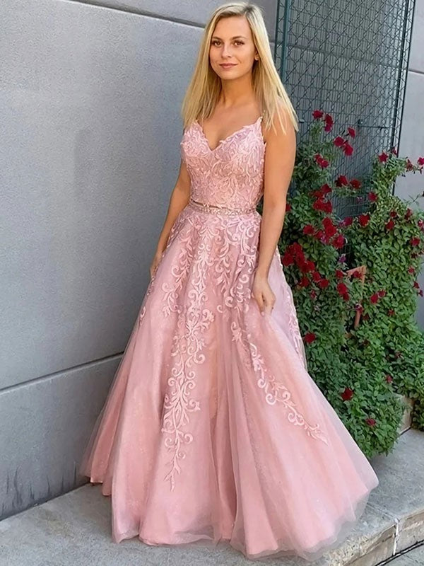 Blushing Pink Lace Tulle A-Line Floor-Length Evening Dress
