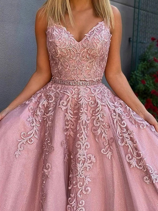 Vestidos de corte A/princesa con apliques de tul, escote en V, sin mangas y hasta el suelo