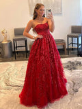 Red Tulle A-Line Floor-Length Evening Dress