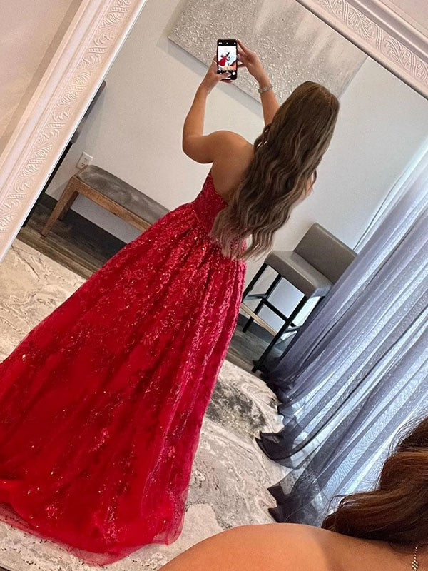 Red Tulle A-Line Floor-Length Evening Dress