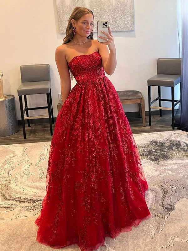 Red Tulle A-Line Floor-Length Evening Dress