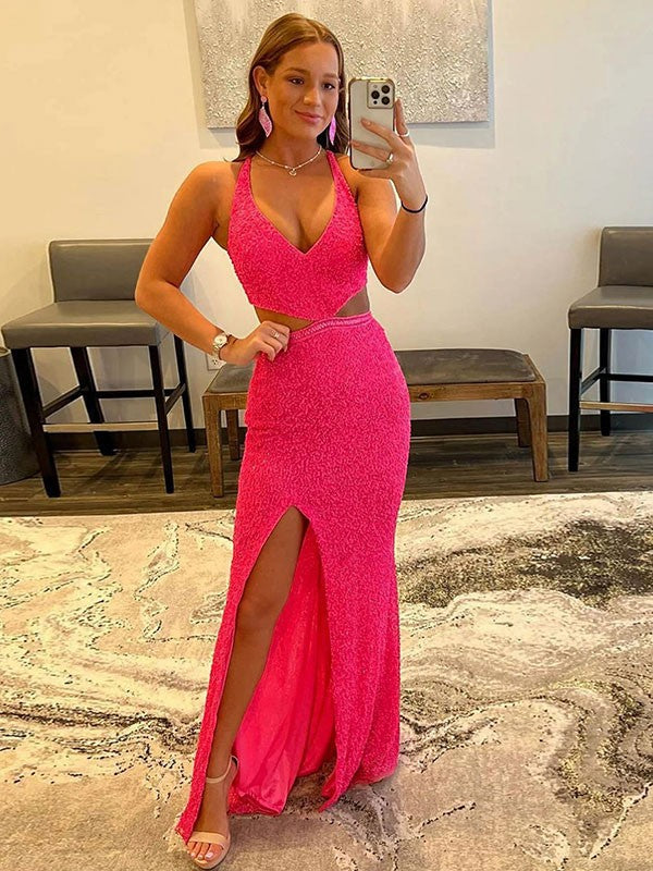 Vestidos de terciopelo con lentejuelas, escote en V, sin mangas y cola larga