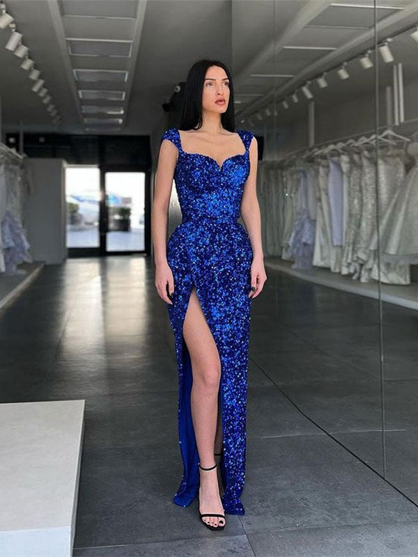 Royal Blue Sequin Sweetheart Sheath Floor-Length Gown with High Slit