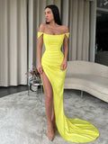 Yellow Glitter Fabric Off-the-Shoulder Sheath/Column Floor-Length Gown with High Slit & Draped Detailing