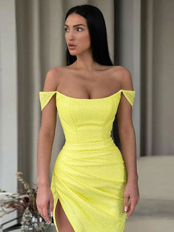 Yellow Glitter Fabric Off-the-Shoulder Sheath/Column Floor-Length Gown with High Slit & Draped Detailing