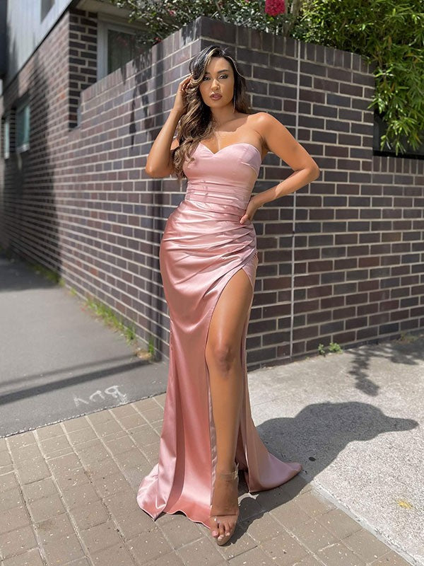 Blushing Pink Satin Sweetheart Sheath/Column Floor-Length Evening Dress