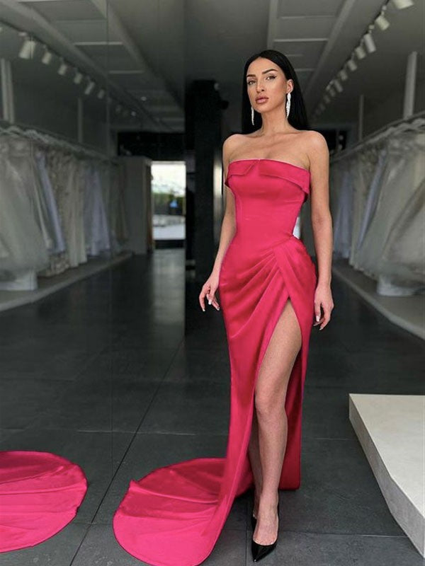 Pink Satin Straight Neck Sheath/column Floor-Length Dress with Asymmetrical Draping & High Slit