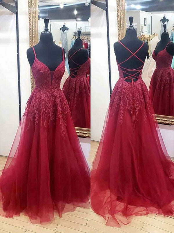 Vestidos de corte A/princesa con apliques de tul, escote en V, sin mangas y cola larga