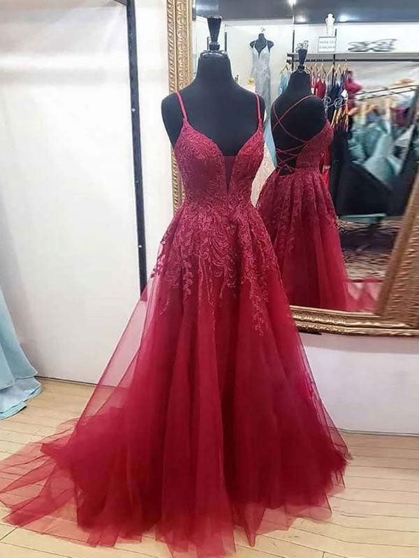 Vestidos de corte A/princesa con apliques de tul, escote en V, sin mangas y cola larga