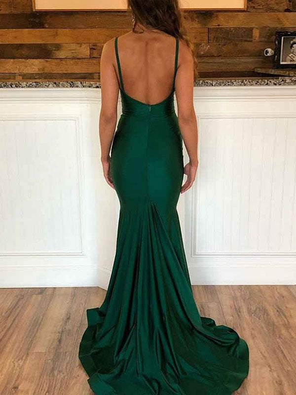 Emerald Satin Mermaid V-Neck Floor-Length Dress