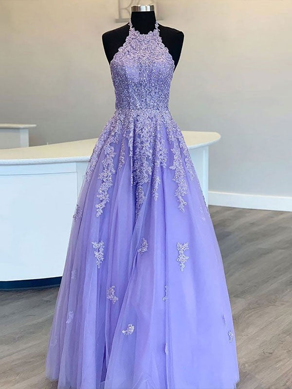 Lilac Tulle A-Line Floor-Length Evening Dress with Lace Appliques & Halter Neckline