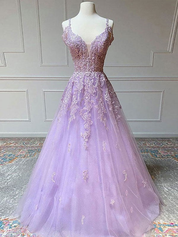 Lilac Tulle A-Line V-Neck Floor-Length Gown for Prom & Evening Parties