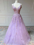 Lilac Tulle A-Line V-Neck Floor-Length Gown for Prom & Evening Parties