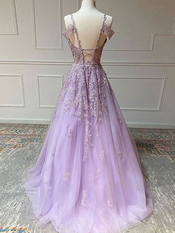 Vestidos de corte A/princesa con apliques de tul, escote en V, sin mangas y cola larga