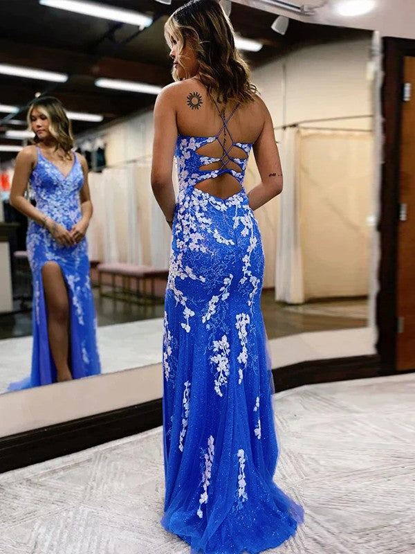 Royal Blue Glitter Mermaid Floor-Length Evening Dress with V-Neck, High Slit & Criss-Cross Back